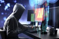 Warning system and cyber attack concept with side view on hacker in hoody working on computers and virtual data cloud network Royalty Free Stock Photo