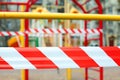 Warning tape close up on closed playground. Quarantine Covid-19 Royalty Free Stock Photo