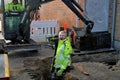 Warning to pedestrain road work in process in Copenhagen Royalty Free Stock Photo