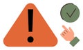 Warning Triangle with Exclamation Mark and Green Tick for Decision-Making and Safety Concepts Royalty Free Stock Photo