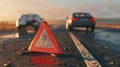 The warning triangle on highway.AI generated image Royalty Free Stock Photo