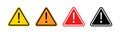 Warning triangle icons set. Caution warn in yellow, orange, red. Warning sign with exclamation mark. Alert warn in triangle. Road Royalty Free Stock Photo