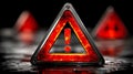 Warning triangle sign with illuminated red border on a reflective surface Royalty Free Stock Photo
