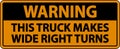 Warning Truck Makes Wide Right Turns Label Sign On White Background