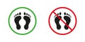 Warning Walk Barefoot Red and Green Warning Signs. Human Footprint Silhouette Icons Set. Foot Print Bare Step Allowed