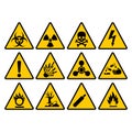 Warning yellow triangle sign set. Warning and hazard vector signs. Royalty Free Stock Photo