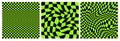 Warp Checkerboard Seamless Patterns Set. Vector Psychedelic Checker Grid Background. Black and Green Waved Bg with