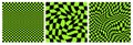 Warp Checkerboard Seamless Patterns Set. Vector Psychedelic Checker Grid Background. Black and Green Waved Bg with