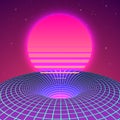 Warp space - Black Hole in neon colors by 80s. Background or cover for retrowave music style. Vector