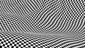 Warped checkered pattern. Optical illusion trippy background. Vector wave checkerboard