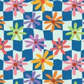 Warped Retro Colorful Flowers on blue and white checkered squares seamless pattern Royalty Free Stock Photo