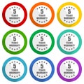 Warranty guarantee 5 year vector icons, set of colorful flat design buttons for webdesign and mobile applications Royalty Free Stock Photo