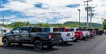 Warren, Pennsylvania, USA August 14, 2022 Different color Dodge RAM trucks lined up at a dealership