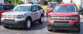 Warren, Pennsylvania, USA August 27, 2023 Two new Ford Bronco SUVs for sale at a dealership