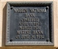 Warren, Pennsylvania, USA May 15, 2023 A bronze plaque on a bank building for the charter of the Warren National Bank in 1893