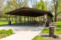 Warren, Pennsylvania, USA May 10, 2023 A covered space with picnic tables in Betts Park
