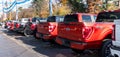 Warren, Pennsylvania, USA November 5, 2023 New Ford pickup trucks lined up for sale at a dealership Royalty Free Stock Photo