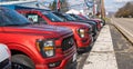 Warren, Pennsylvania, USA November 5, 2023 New Ford pickup trucks lined up for sale at a dealership Royalty Free Stock Photo