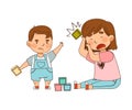 Warring Little Brother Throwing Toy Block to His Sister as Family Relations Vector Illustration Royalty Free Stock Photo