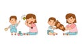 Warring Sister and Her Little Brother Pulling Teddy Bear Apart and Throwing Toy Cubes as Family Relations Vector