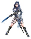 Warrior amazon woman sword and metal blade.Long dark hair