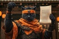 Warrior cat holding scroll: ancient journey in fantasy setting