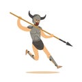 Warrior character, man in combat armor and horned helmet running with a spear vector Illustration Royalty Free Stock Photo