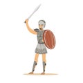 Warrior character, man in historical armor and helmet holding wooden shield and sword vector Illustration