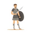 Warrior character, man in historical armor with sword and shield vector Illustration