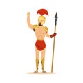 Warrior character, naked man in a helmet and a loincloth holding a long spear vector Illustration