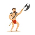Warrior character, naked man in a red loincloth with poleaxe vector Illustration