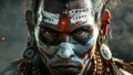 A warrior with a distinctive mohawk hairstyle his face painted with elaborate designs representing the fearsome Nanda