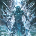 Warrior full armor surrounded multiple copies himself stands ready battle amidst swirling vortex water air.