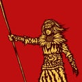 Warrior girl is holding a spear ready for battle illustration.