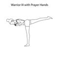 Warrior III with prayer hands pose yoga workout outline Royalty Free Stock Photo