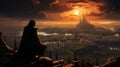 a warrior looking over a fantastic medieval city landscape. a magic world. Generative AI