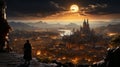 a warrior looking over a fantastic medieval city landscape. a magic world. Generative AI