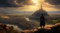 a warrior looking over a fantastic medieval city landscape. a magic world. Generative AI