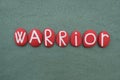 Warrior, motivational word composed with red colored stone letters over green sand