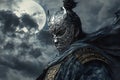 Warrior in ornate mask, dramatic sky, moonlit scene Royalty Free Stock Photo