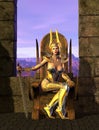 Warrior princess on the throne inside the castle, 3d illustration
