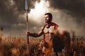 Warrior with sword and shield going in attack. Royalty Free Stock Photo