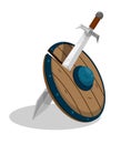 Warrior sword split Viking wooden shield. Deadly attack, defeat in medieval battle. Cartoon vector isolated on white background