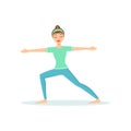 Warrior Two Virabhadrasana Yoga Pose Demonstrated By The Girl Cartoon Yogi With Ponytail In Blue Sportive Clothing