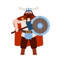 Warrior viking in horned helmet and armors hold weapon a vector illustration.