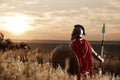 Warrior wearing iron helmet and red cloak. Royalty Free Stock Photo