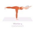 Warrior 3 Yoga pose. Virabhadrasana III. Elderly woman practicing yoga asana. Healthy lifestyle. Flat cartoon character Royalty Free Stock Photo