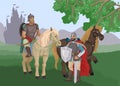 Warriors, knights on a horse, a halt in the forest, castle on the back, medieval wars, historical characters, vector