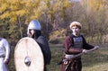 Warriors in old Russian armors reconstructed medieval fight