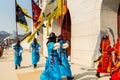 Warriors of the Royal guard in historical costumes in daily Ceremony of Gate Guard Change near the Gwanghwamun, the main Gate of